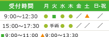 診療時間：9:00〜12:30 

15:00〜17:30 火曜9:00-11:00 午後手術　土曜9:00-13:30　休診日：金・土曜午後・日・祝